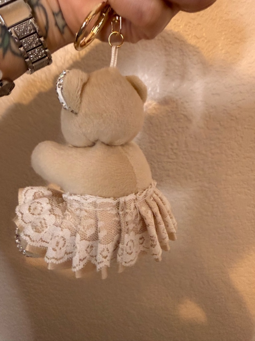 Natasha Beige Teddy Bear Rhinestone Keychain - Picture 2 of 3